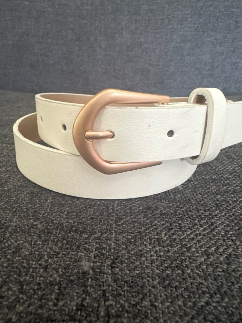 White Faux Leather Belt With Gold Buckle Adjustable Length 1.5" Width Size S